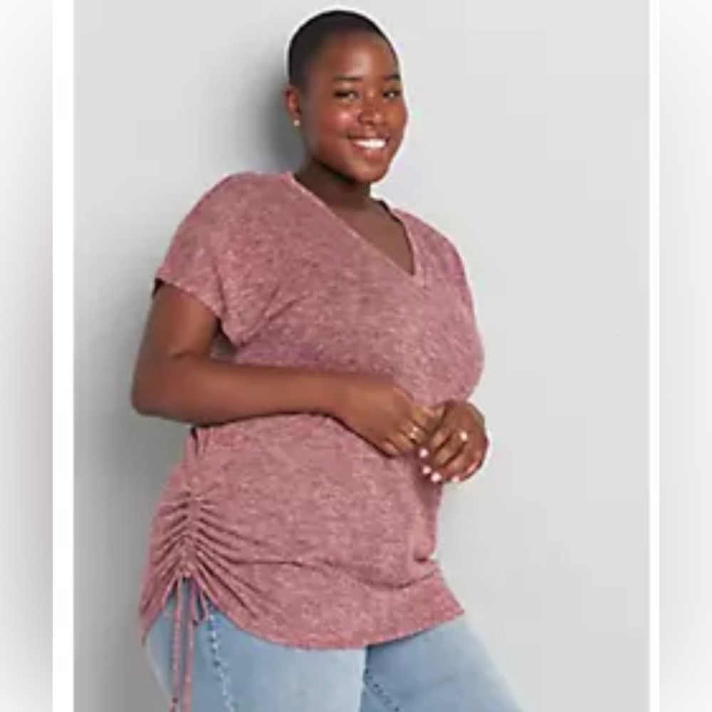 Burgundy V-Neck Top - Lane Bryant - Side Drawstring - Size 26/28